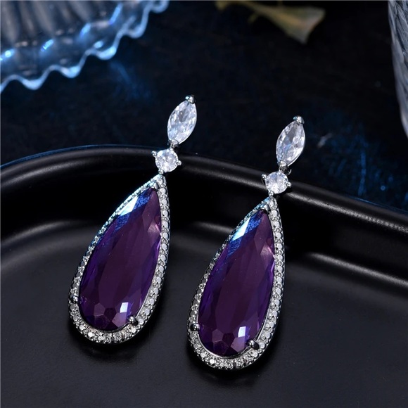 💜Silver Purple Amethyst  Water Drop Earrings - Picture 6 of 6